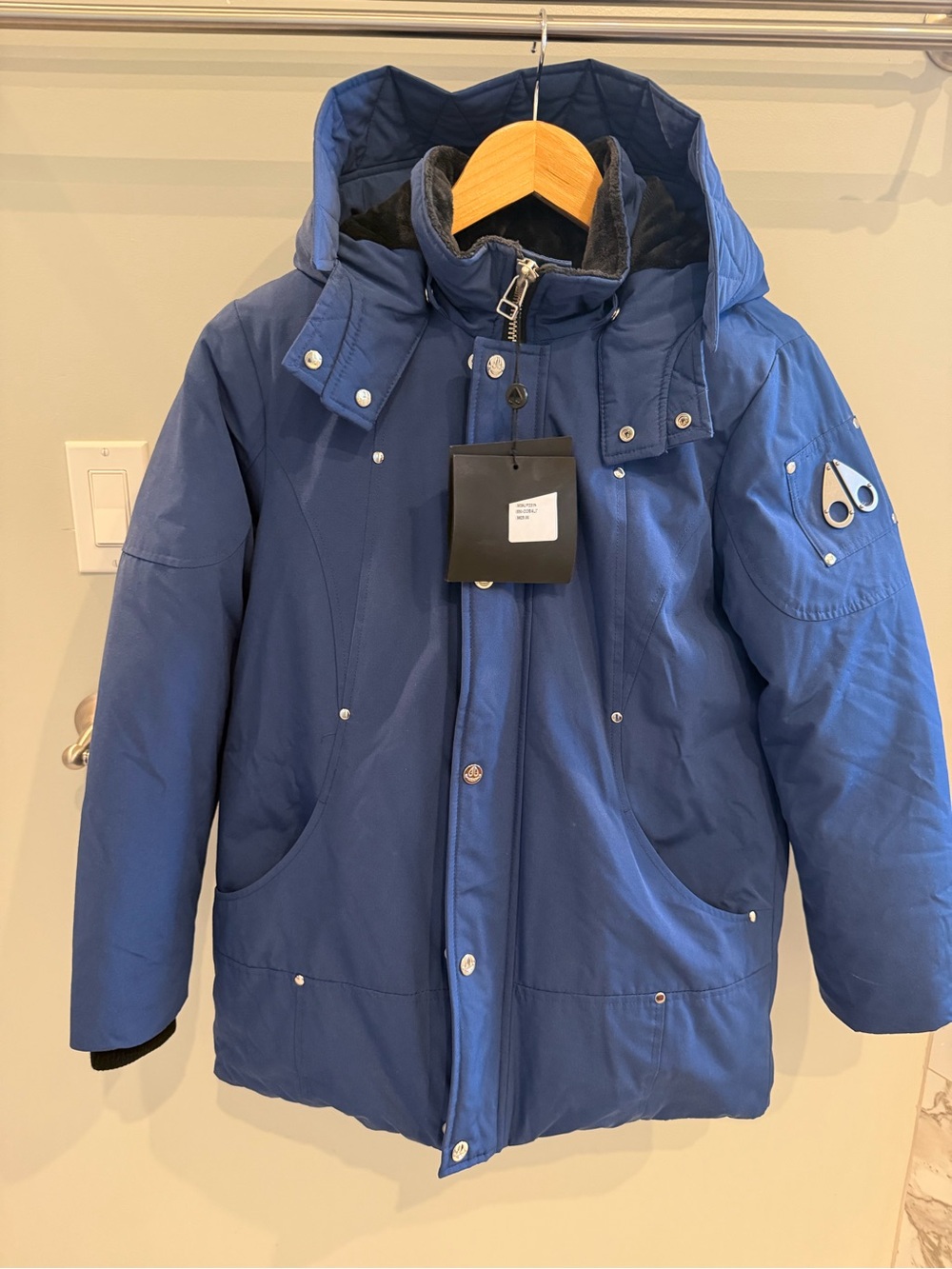 Moose Knuckles Cobalt Blue Kids Puffer Jacket with Hockey Embroidery